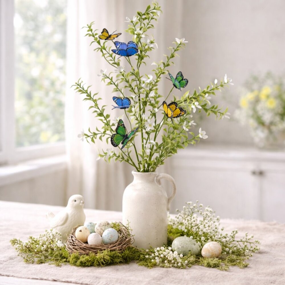 32" Butterfly Floral Spray – Decorative Leaf & Butterfly Stem Spring Arrangement